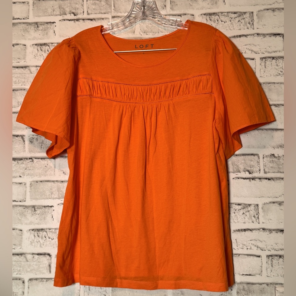 LOFT Orange Short Sleeve Smocked Yoke Top